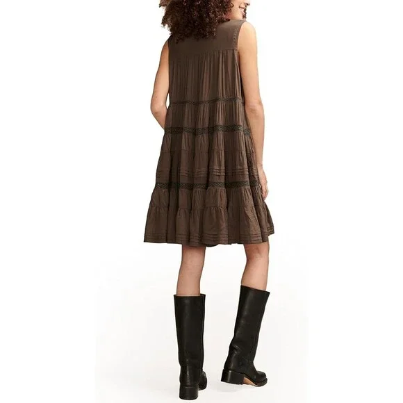 Lucky Brand Everyday Swing Mini Dress Women's S Raven Pleated Split Neck RED1015 - Picture 5 of 8